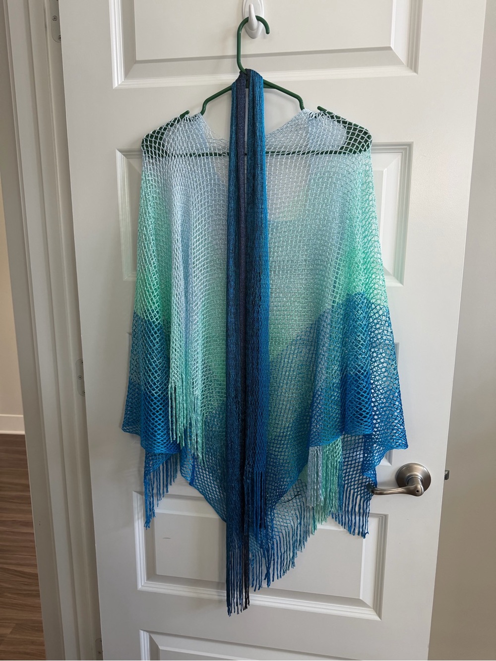 Ombré Gradient Fringe Poncho Shawl with Scarf - Blue & Teal OS